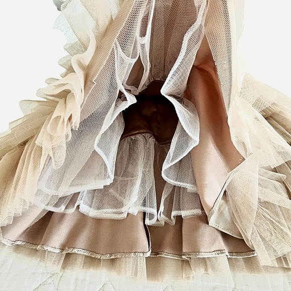 Inspire Me Strapless Taupe/Gold Tapestry Bow/Tiered Mesh Ruffle Party Dr… - Picture 16 of 17